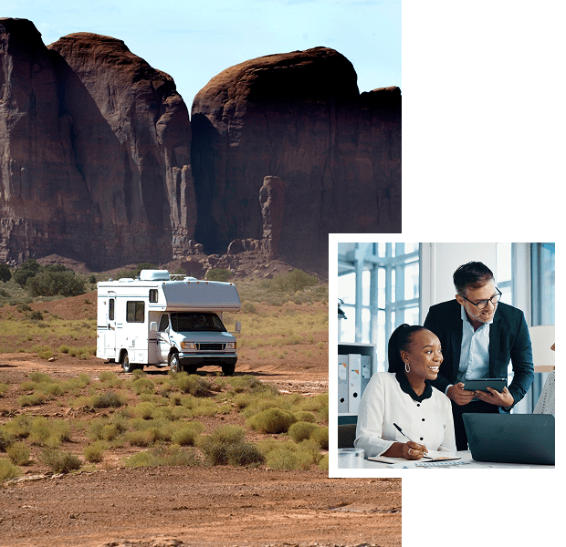 Scenic desert with RV and office scene