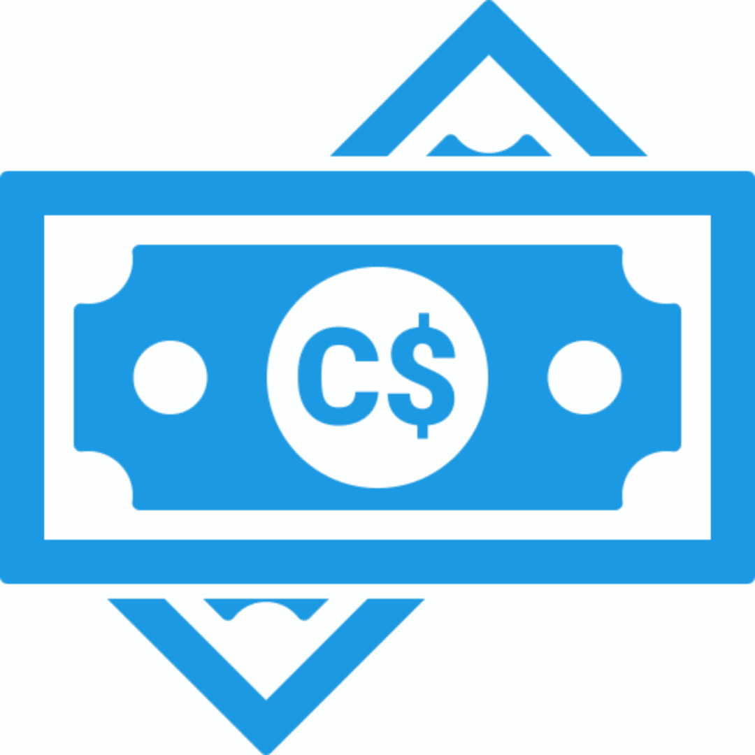 Blue money icon with currency symbols